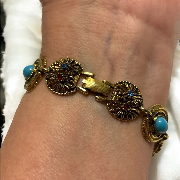 ART Arthur Pepper Antique Gold Tone Blue Cab. & Crystal Bracelet 7” - Picture 2 of 9